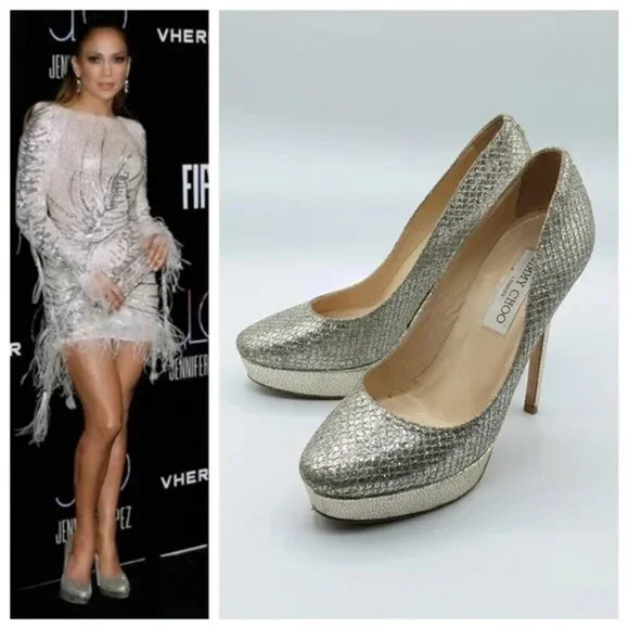 JIMMY CHOO NEW $695 Alex Silver Gold Metallic Leather Platform Pump - Picture 4 of 10